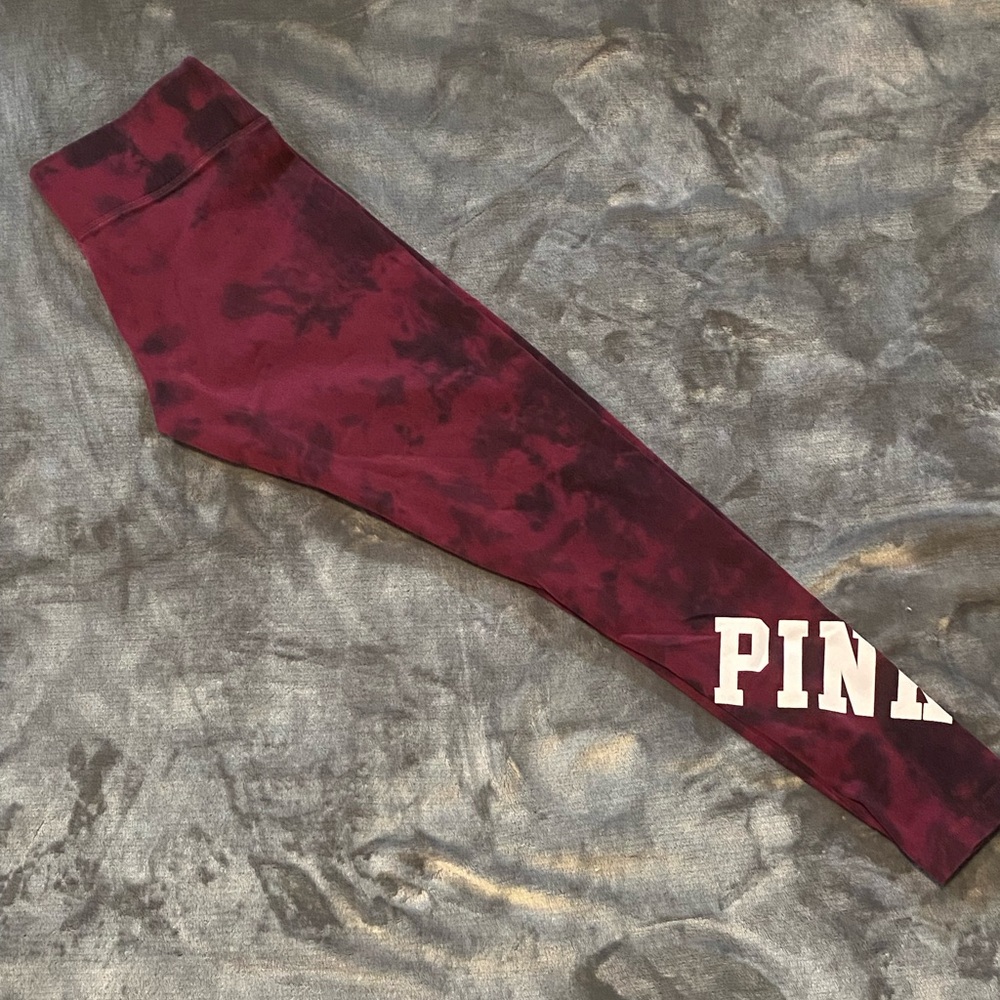 PINK Victoria's Secret Burgundy Tie-Dye Leggings with White Logo